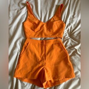 Orange two piece crop tank top + high waist shorts set